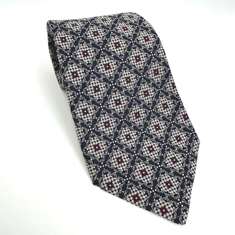 Vtg Wide Silk Medallion Tie Navy Silver Red Ivy Retro 80s 70s Trumbos 54x4.25"